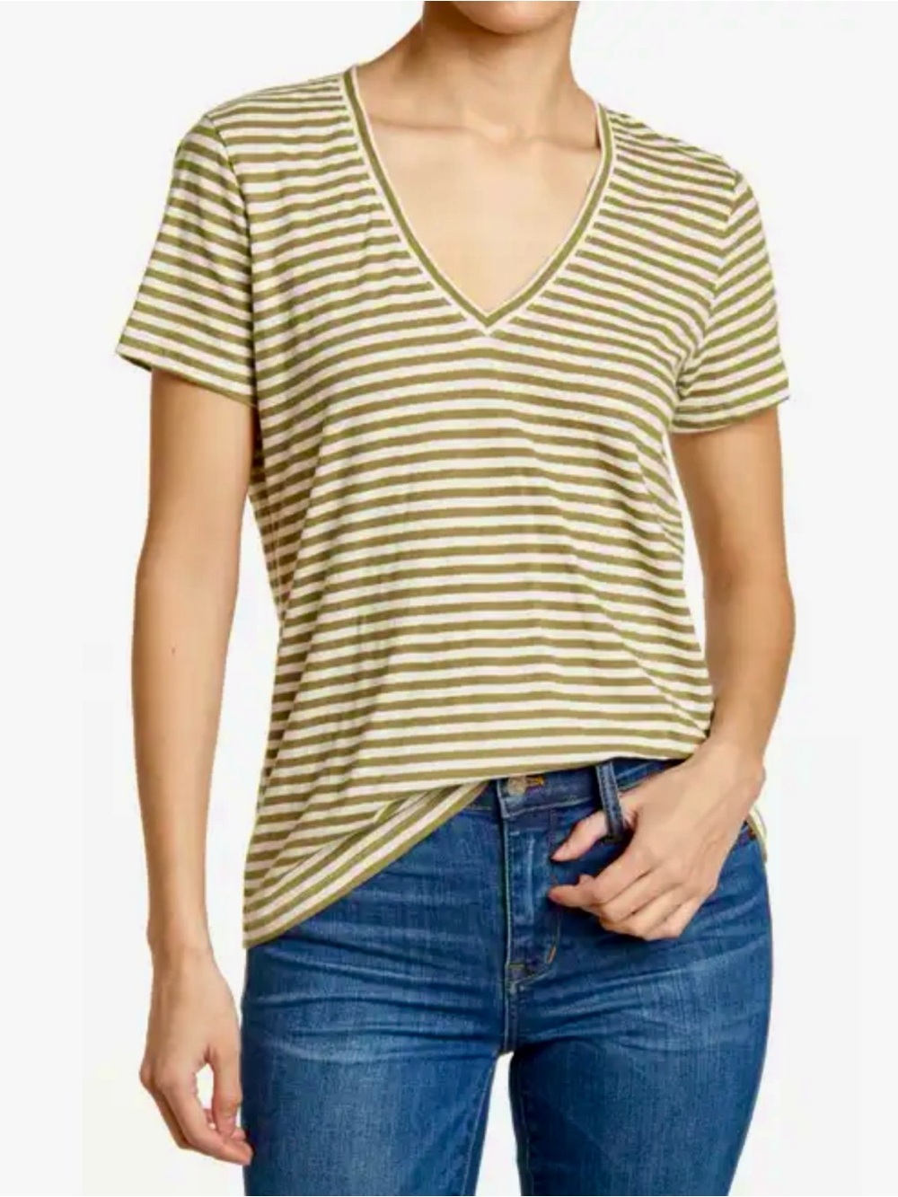 Madewell Striped Vintage Moss and White V-Neck Short Sleeve Tee